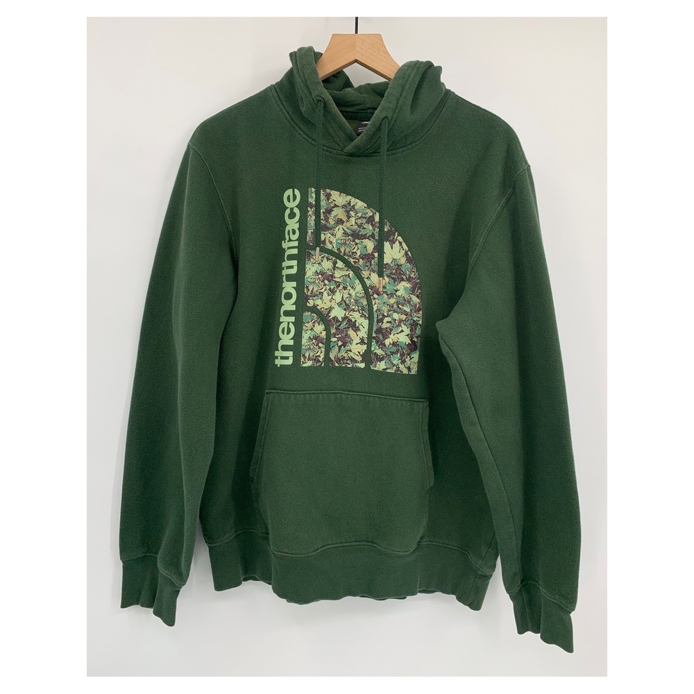 North Face Hoodie Mens Large Green Camo Logo Pullover Fleece Sweatshirt